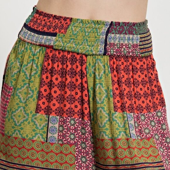 Easel Boho Patchwork Gauze Palazzo Pants | Green Combo | Smocked Waist | NWT | M - Picture 4 of 5